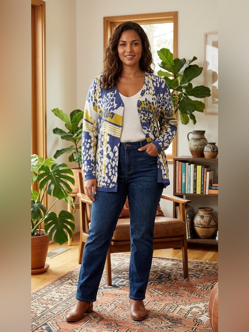 SIZE MEDIUM LOGO® by Lori Goldstein NEW Abstract Animal Print Cardigan Sweater
